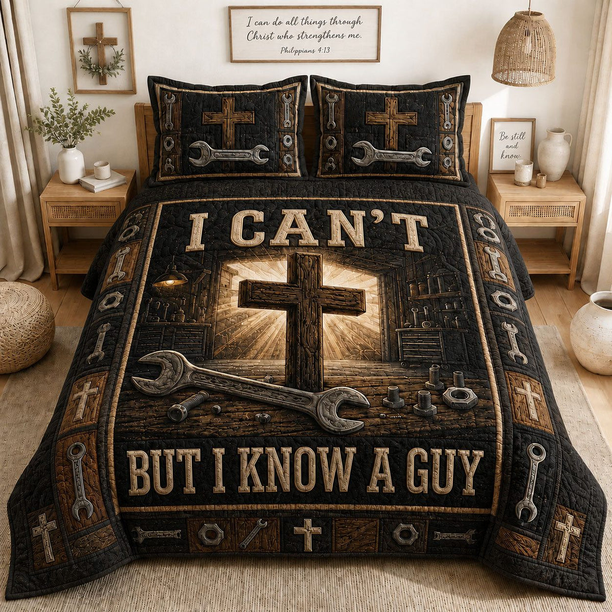 I Can’t But I Know A Guy quilted 3-piece bedding set on a made bed with two matching pillow shams