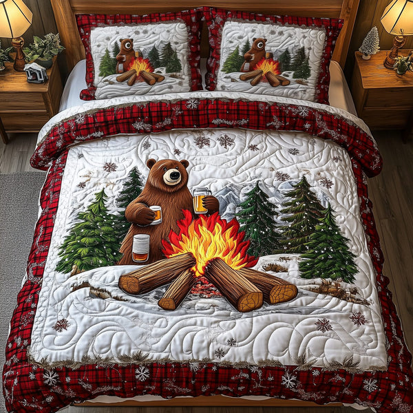 I Love Camping quilted 3-piece bedding set on a made bed with two matching pillow shams