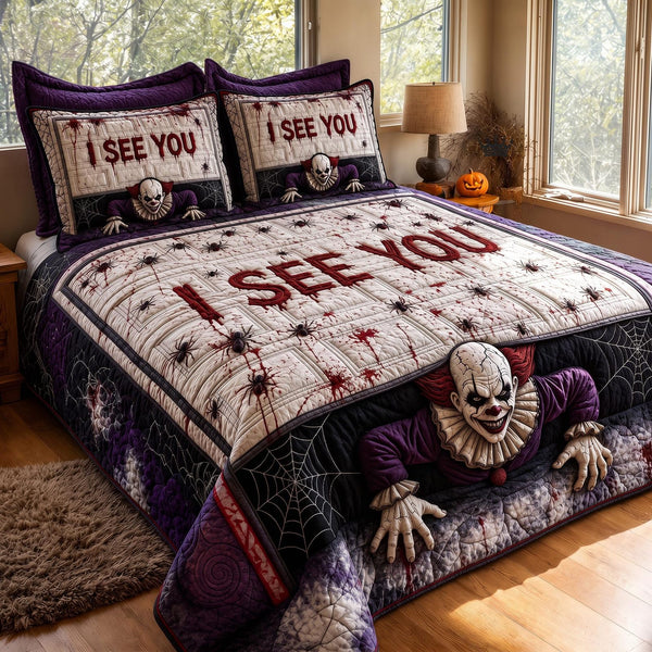 I See You quilted 3-piece bedding set on a made bed with two matching pillow shams