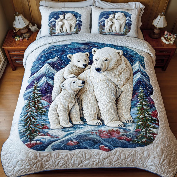 Icebound Bears quilted 3-piece bedding set on a made bed with two matching pillow shams