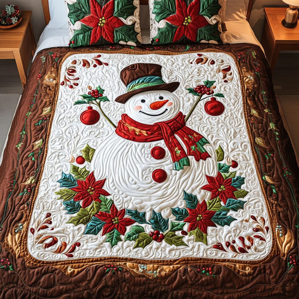 Icicle Dreams quilted 3-piece bedding set on a made bed in a winter-styled bedroom