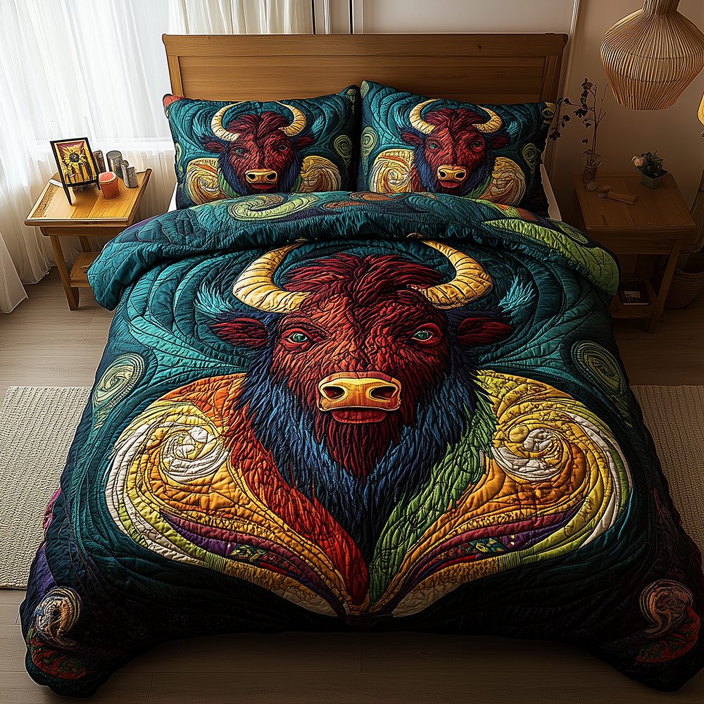 Icon of the West quilted 3-piece bedding set on a made bed with two matching pillow shams