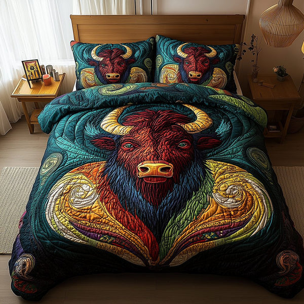 Icon of the West quilted 3-piece bedding set on a made bed with two matching pillow shams
