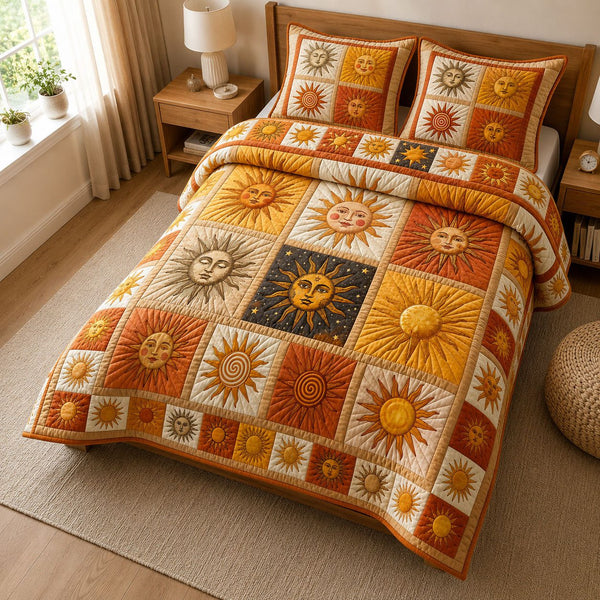 Iconic Sun quilted 3-piece bedding set on a made bed with two matching pillow shams