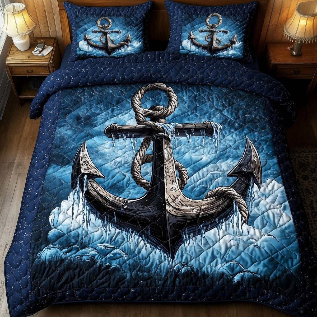 Icy Anchor quilted 3-piece bedding set on a made bed in a winter-styled bedroom