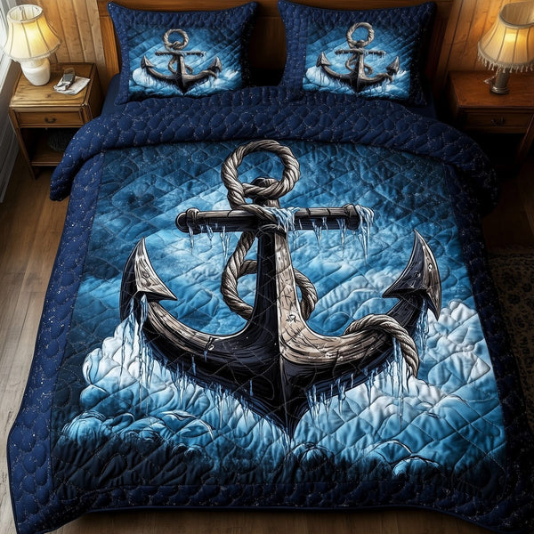 Icy Anchor quilted 3-piece bedding set on a made bed in a winter-styled bedroom