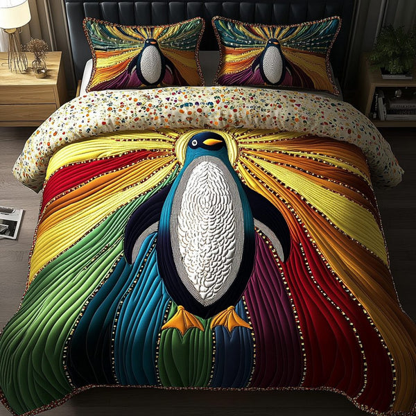 Icy Explorer quilted 3-piece bedding set on a made bed in a winter-styled bedroom