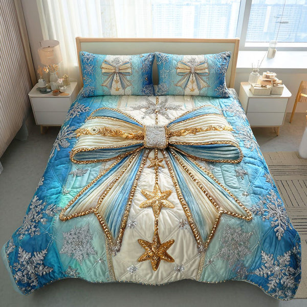 Icy Ribbon Grace quilted 3-piece bedding set on a made bed in a winter-styled bedroom