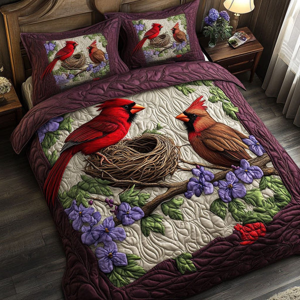 Illinois Cardinal Nest quilted 3-piece bedding set on a made bed with two matching pillow shams