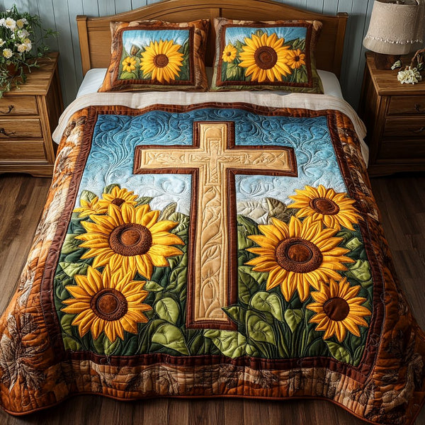 Illuminated Grace quilted 3-piece bedding set on a made bed with two matching pillow shams