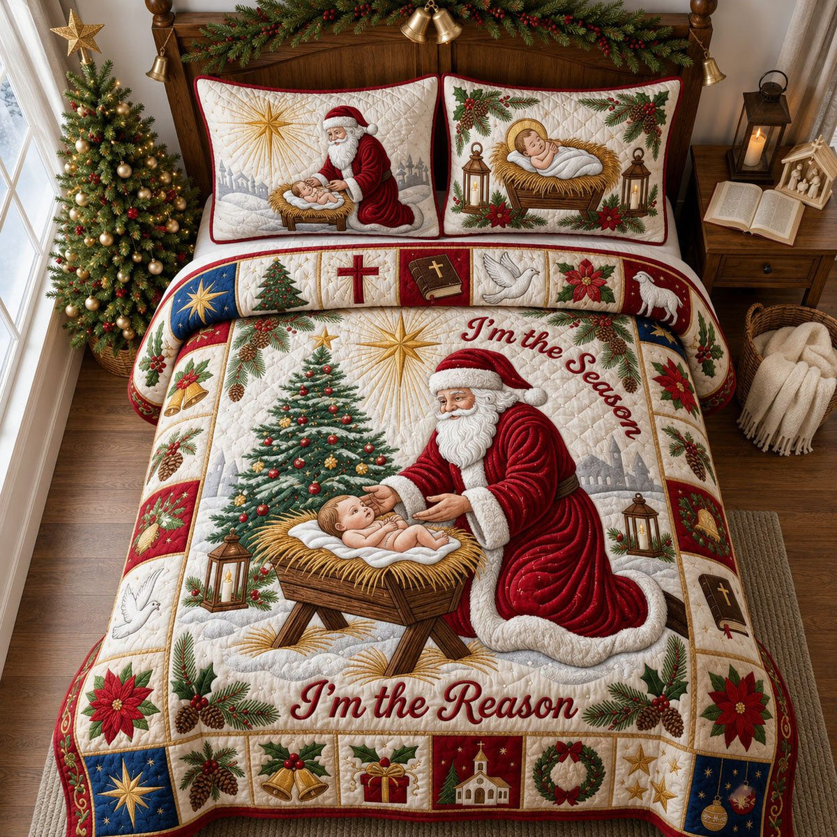 Im the Reason quilted 3-piece bedding set on a made bed with two matching pillow shams