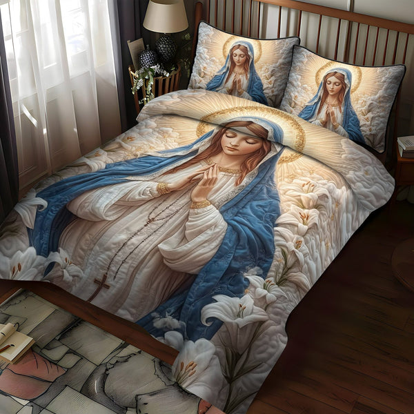 Immaculate Hope quilted 3-piece bedding set on a made bed with two matching pillow shams