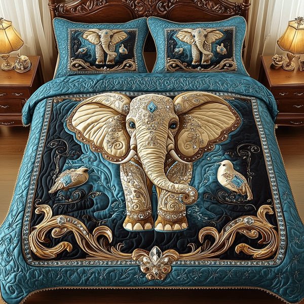 Imperial Elephant quilted 3-piece bedding set on a made bed with two matching pillow shams