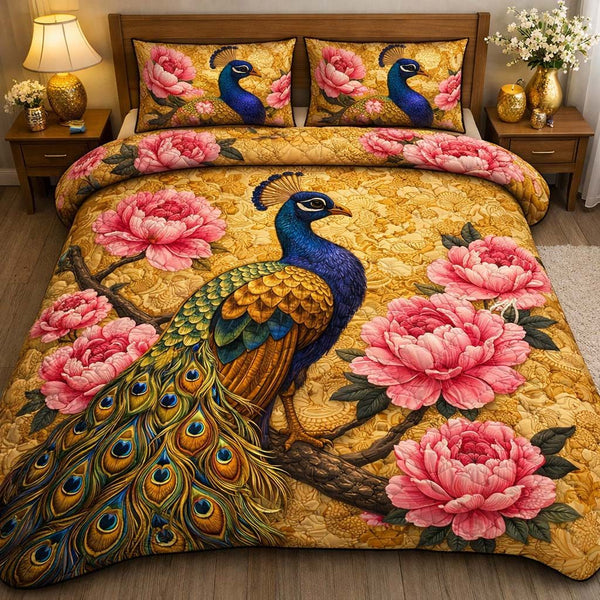 Imperial Garden Peacock quilted 3-piece bedding set on a made bed with two matching pillow shams