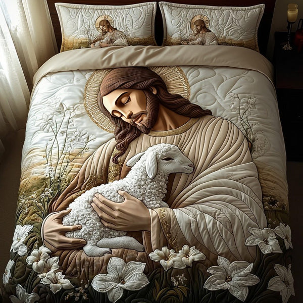 In His Arms quilted 3-piece bedding set on a made bed with two matching pillow shams