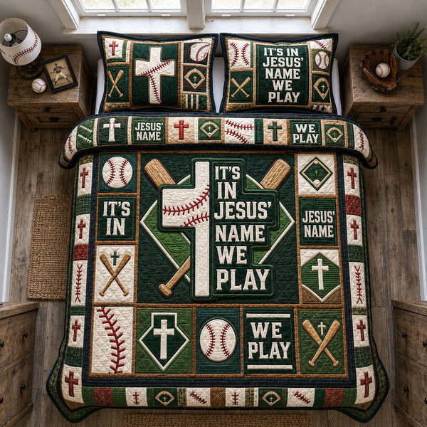 In Jesus Name We Play Baseball quilted 3-piece bedding set on a made bed in a softly lit bedroom