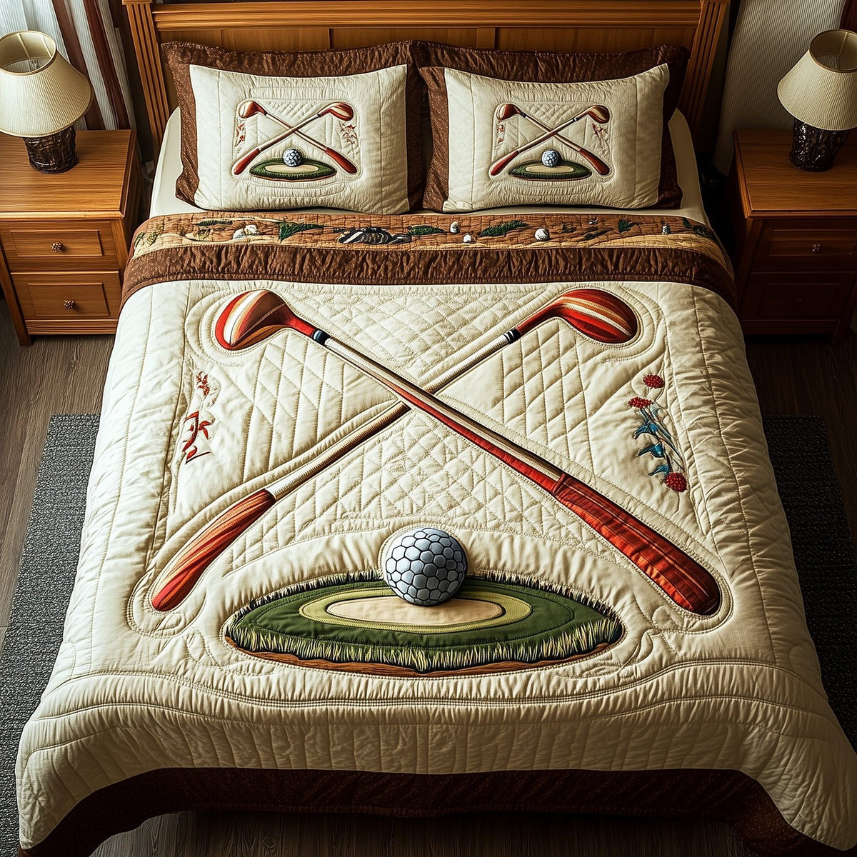 In the Golf Bag quilted 3-piece bedding set on a made bed with two matching pillow shams