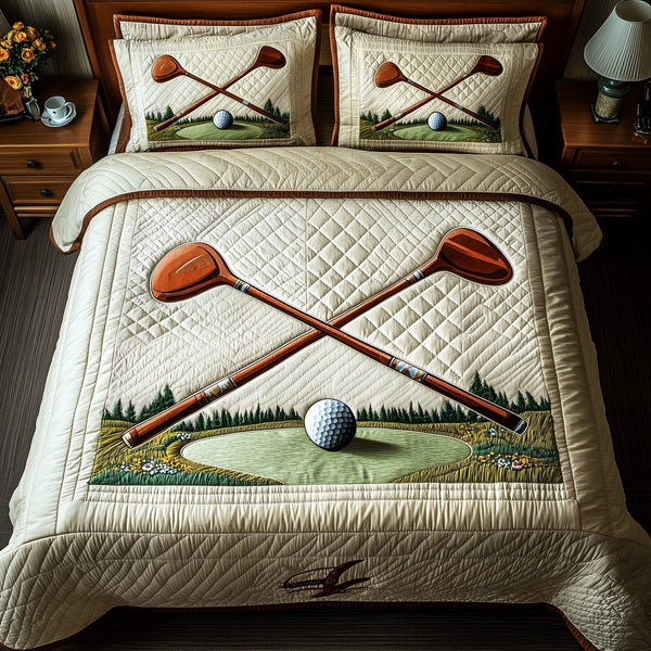 In the Golf Bag quilted 3-piece bedding set on a made bed with two matching pillow shams