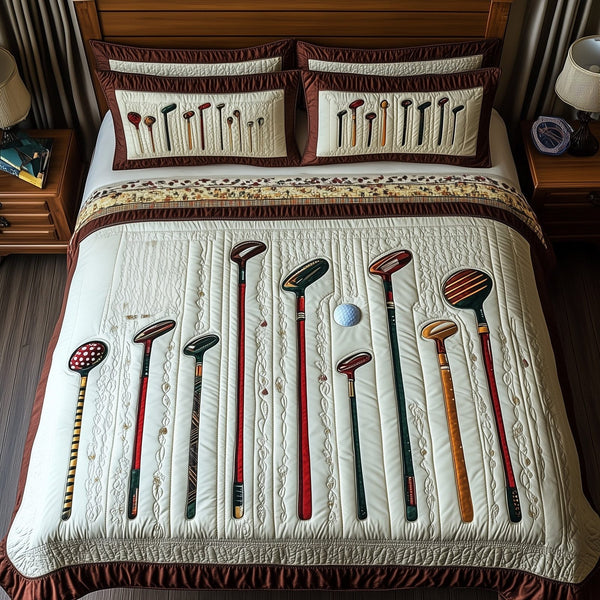 In the Golf Bag quilted 3-piece bedding set on a made bed with two matching pillow shams
