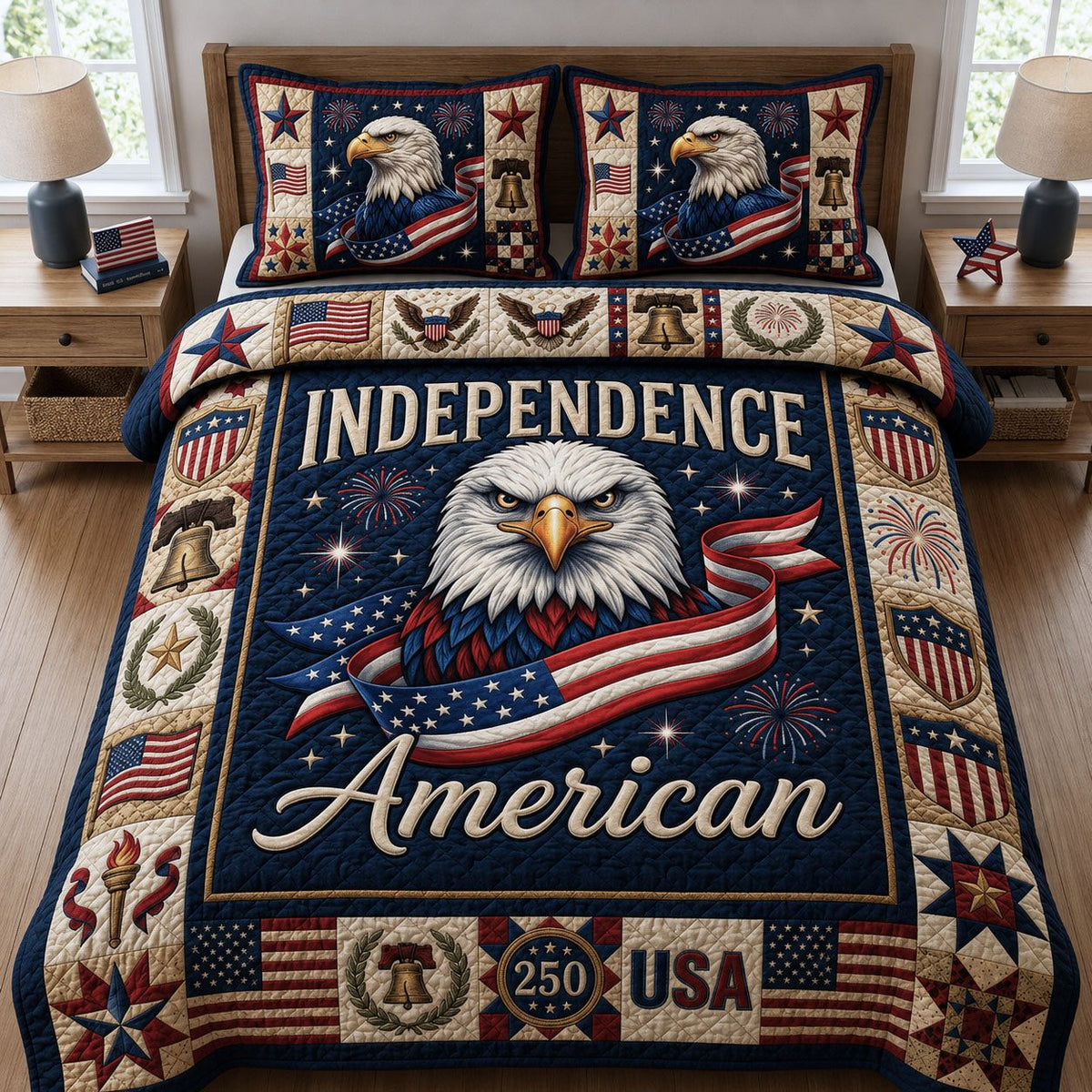 Independence America quilted 3-piece bedding set on a made bed in a warmly lit bedroom