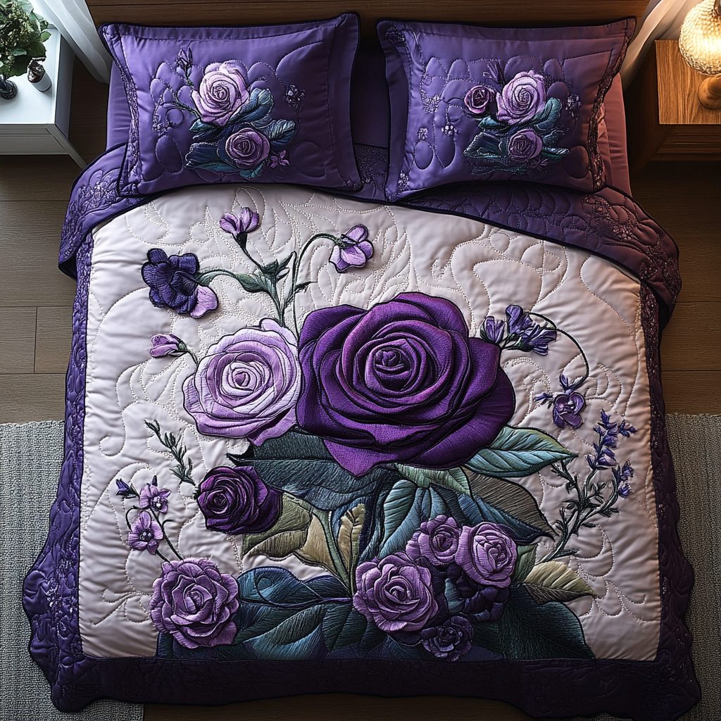 Indigo Blossom Dream quilted 3-piece bedding set on a made bed with two matching pillow shams
