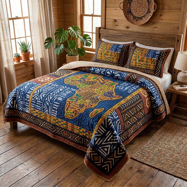 Indigo Map quilted 3-piece bedding set on a made bed with two matching pillow shams