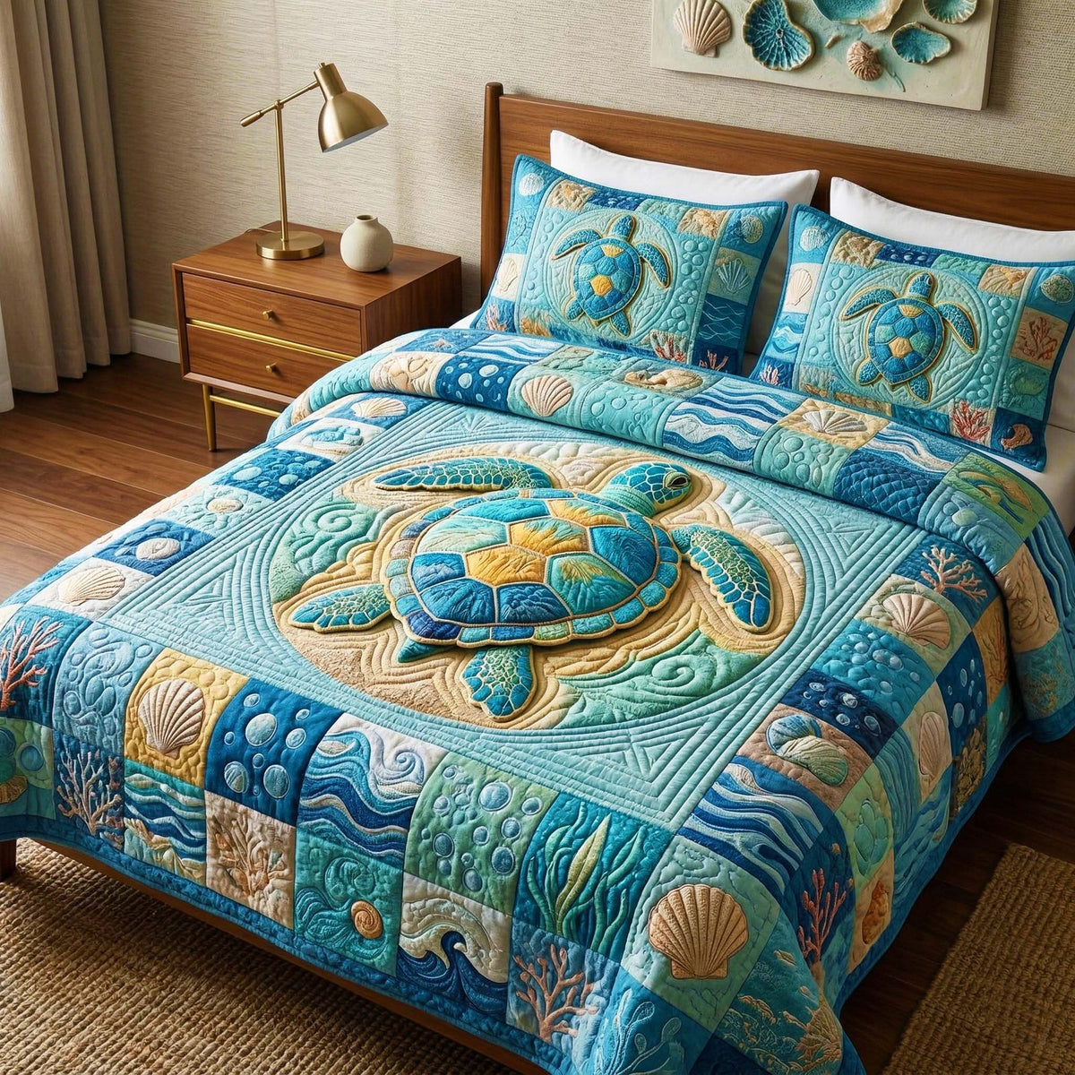 Indigo Sea quilted 3-piece bedding set on a made bed in a light coastal bedroom