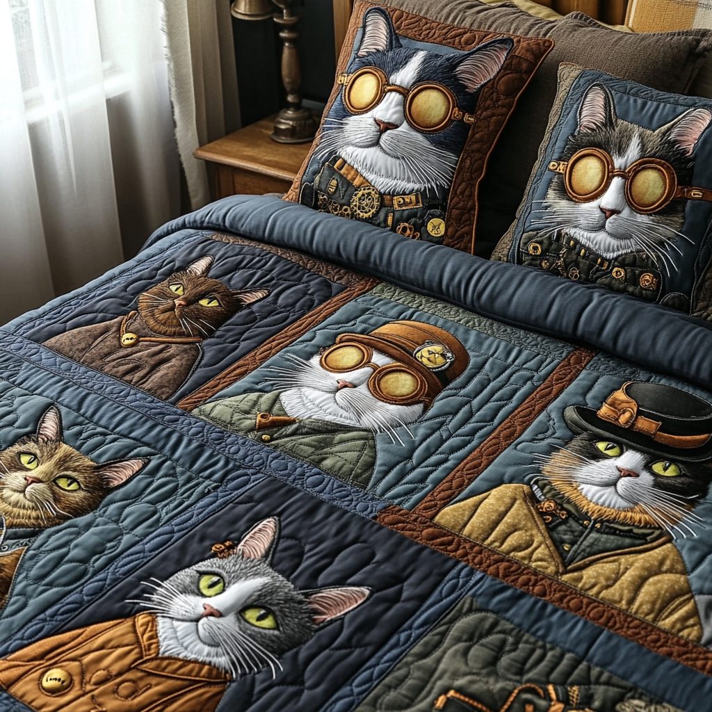 Industrial Paws Claws quilted 3-piece bedding set on a made bed with two matching pillow shams