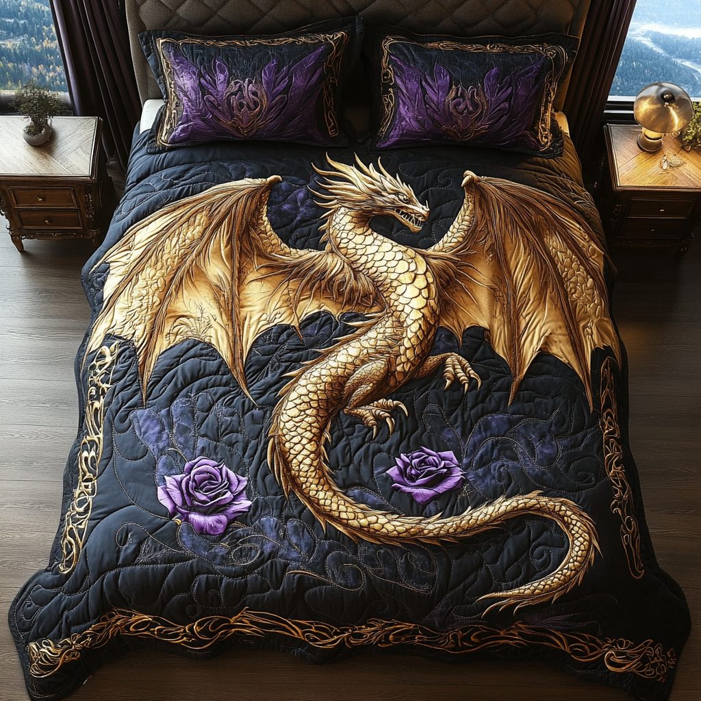 Infernal Wing quilted 3-piece bedding set on a made bed with two matching pillow shams