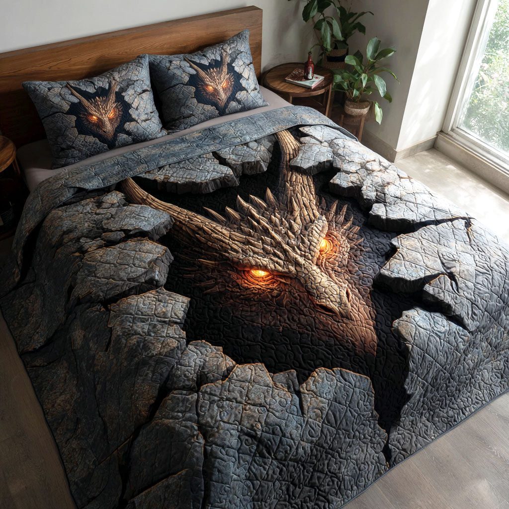 Inferno Breaker quilted 3-piece bedding set on a made bed with two matching pillow shams