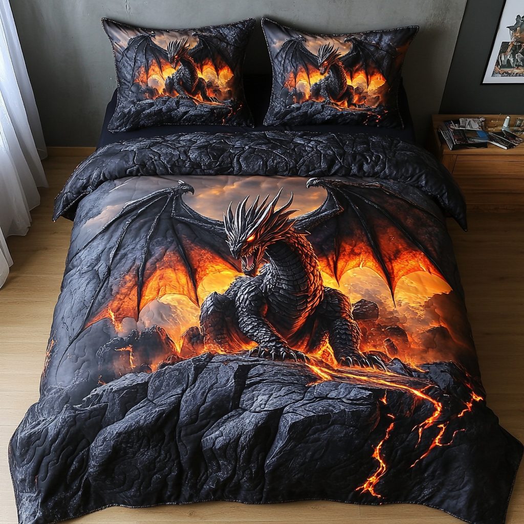 Inferno Dragon quilted 3-piece bedding set on a made bed with two matching pillow shams