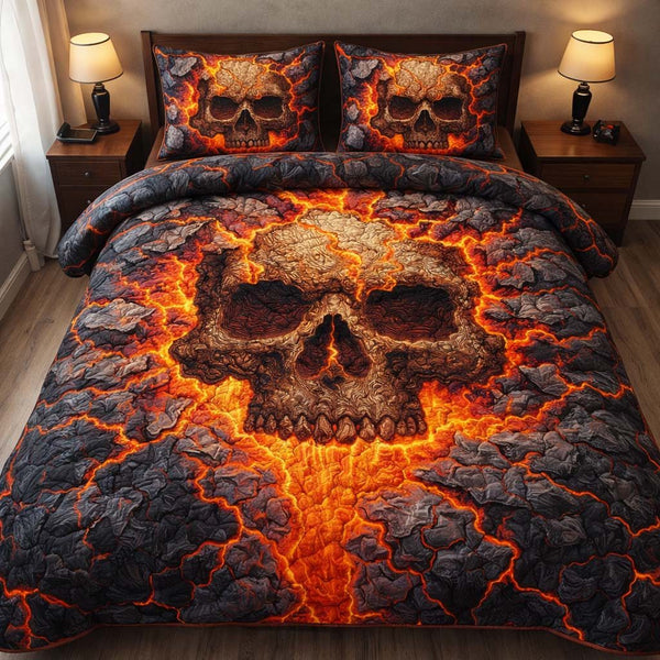 Inferno Lava Skull quilted 3-piece bedding set on a made bed against a dark styled interior