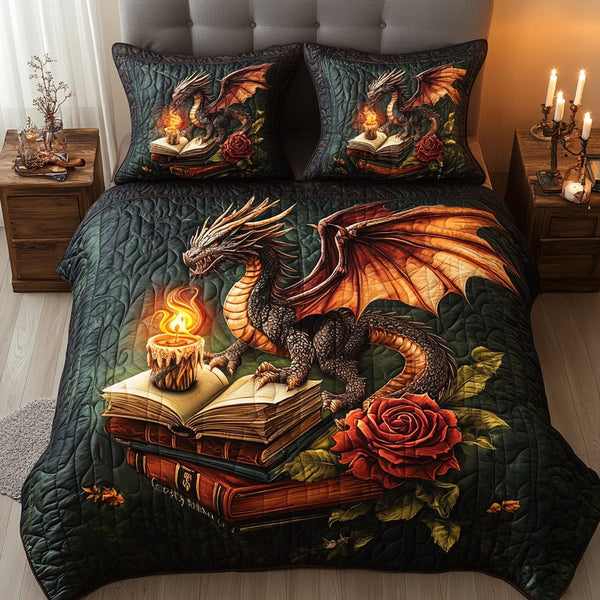 Inferno Roar quilted 3-piece bedding set on a made bed with two matching pillow shams
