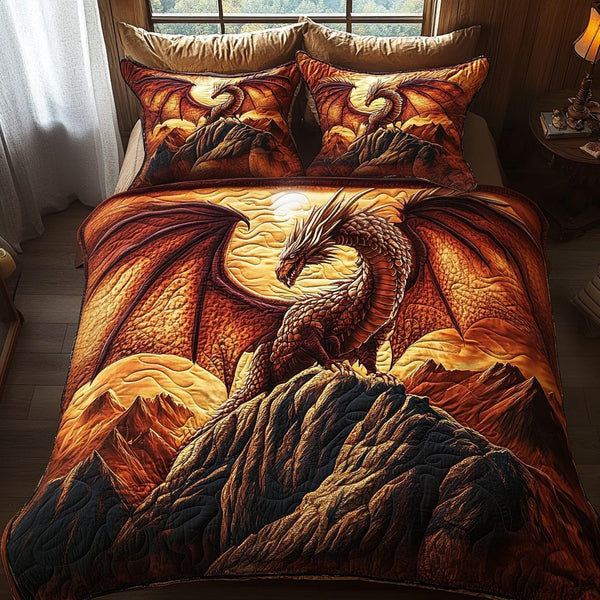Inferno Roost quilted 3-piece bedding set on a made bed with two matching pillow shams
