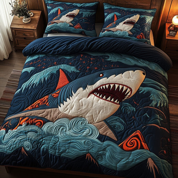 Inferno Shark quilted 3-piece bedding set on a made bed with two matching pillow shams