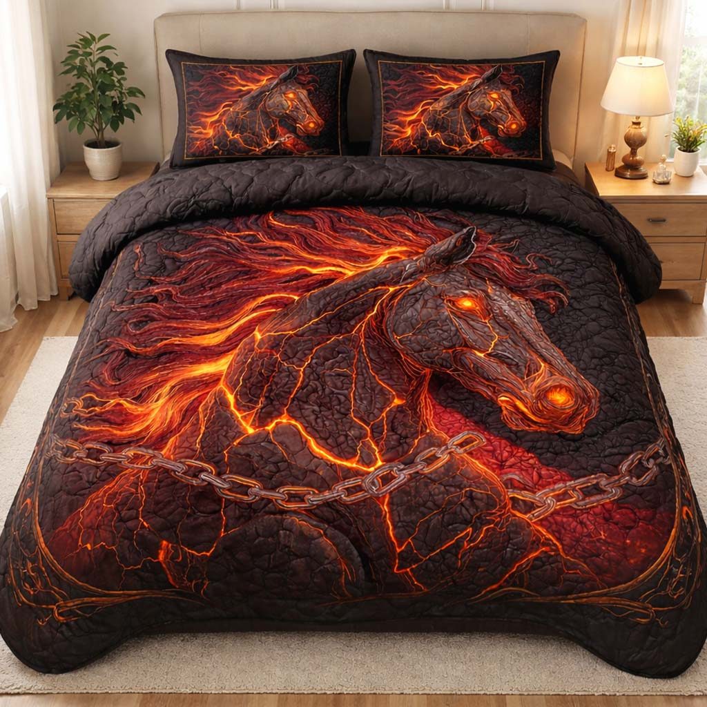 Inferno Spirit Stallion quilted 3-piece bedding set on a made bed in a rustic timber bedroom