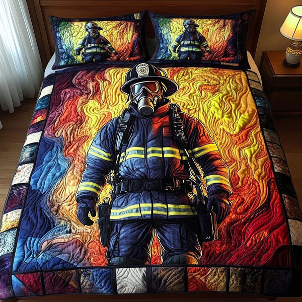 Inferno Warrior quilted 3-piece bedding set on a made bed with two matching pillow shams