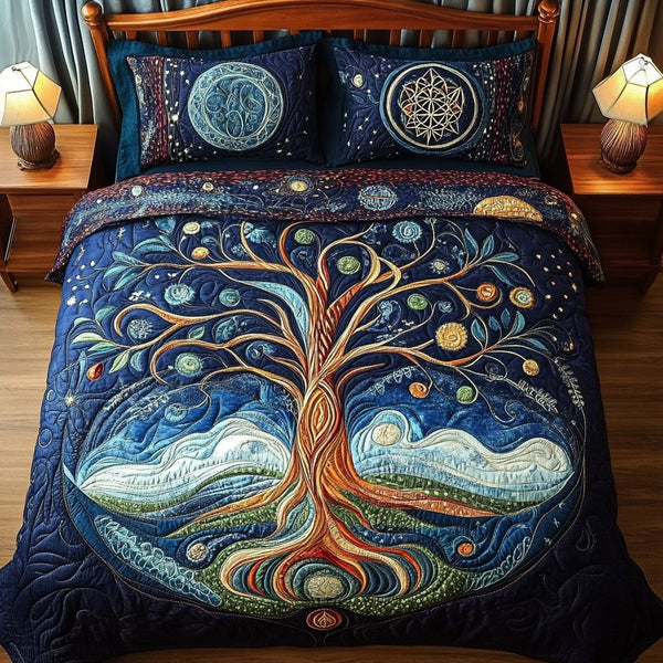 Infinite Growth quilted 3-piece bedding set on a made bed with two matching pillow shams