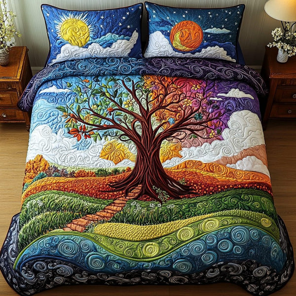 Infinite Harmony quilted 3-piece bedding set on a made bed with two matching pillow shams