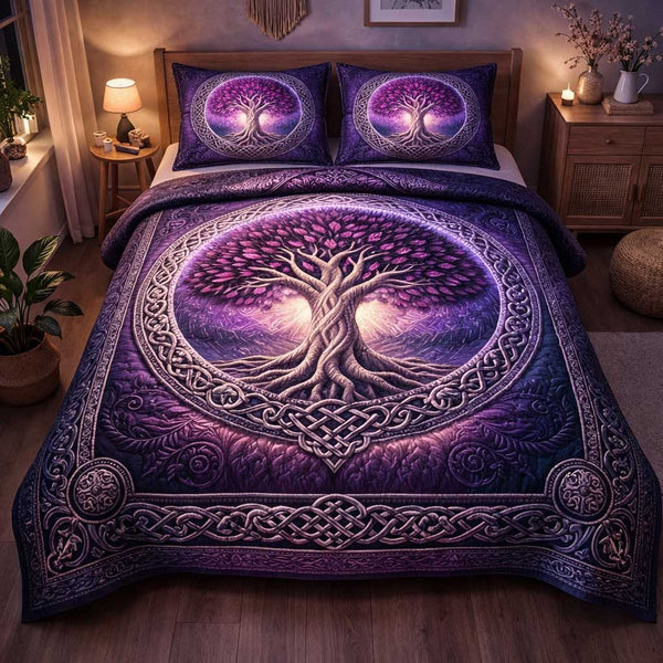 Infinite Roots quilted 3-piece bedding set on a made bed with two matching pillow shams
