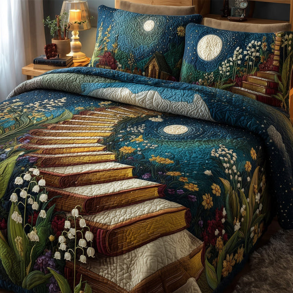 Infinity Lily Of The Valley quilted 3-piece bedding set on a made bed with two matching pillow shams