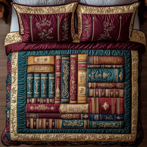 Ink And Imagination quilted 3-piece bedding set on a made bed with two matching pillow shams