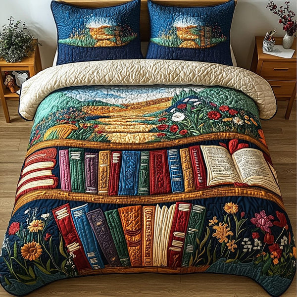 Ink And Imagination quilted 3-piece bedding set on a made bed with two matching pillow shams