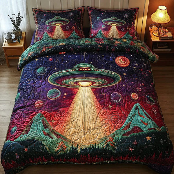 Interstellar Glow quilted 3-piece bedding set on a made bed with two matching pillow shams