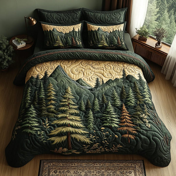 Into the Pines quilted 3-piece bedding set on a made bed with two matching pillow shams