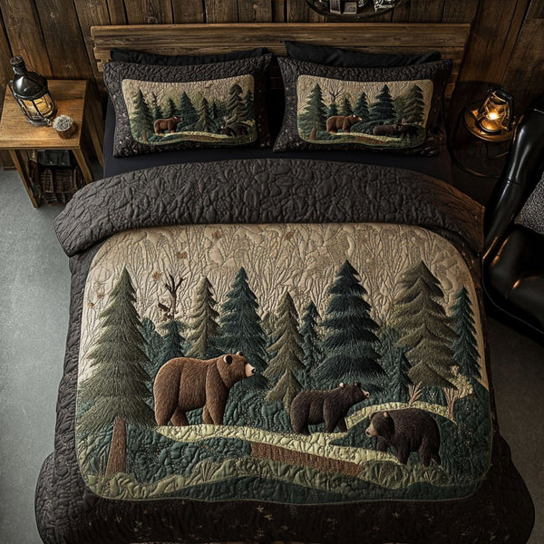 Into the Pines quilted 3-piece bedding set on a made bed with two matching pillow shams