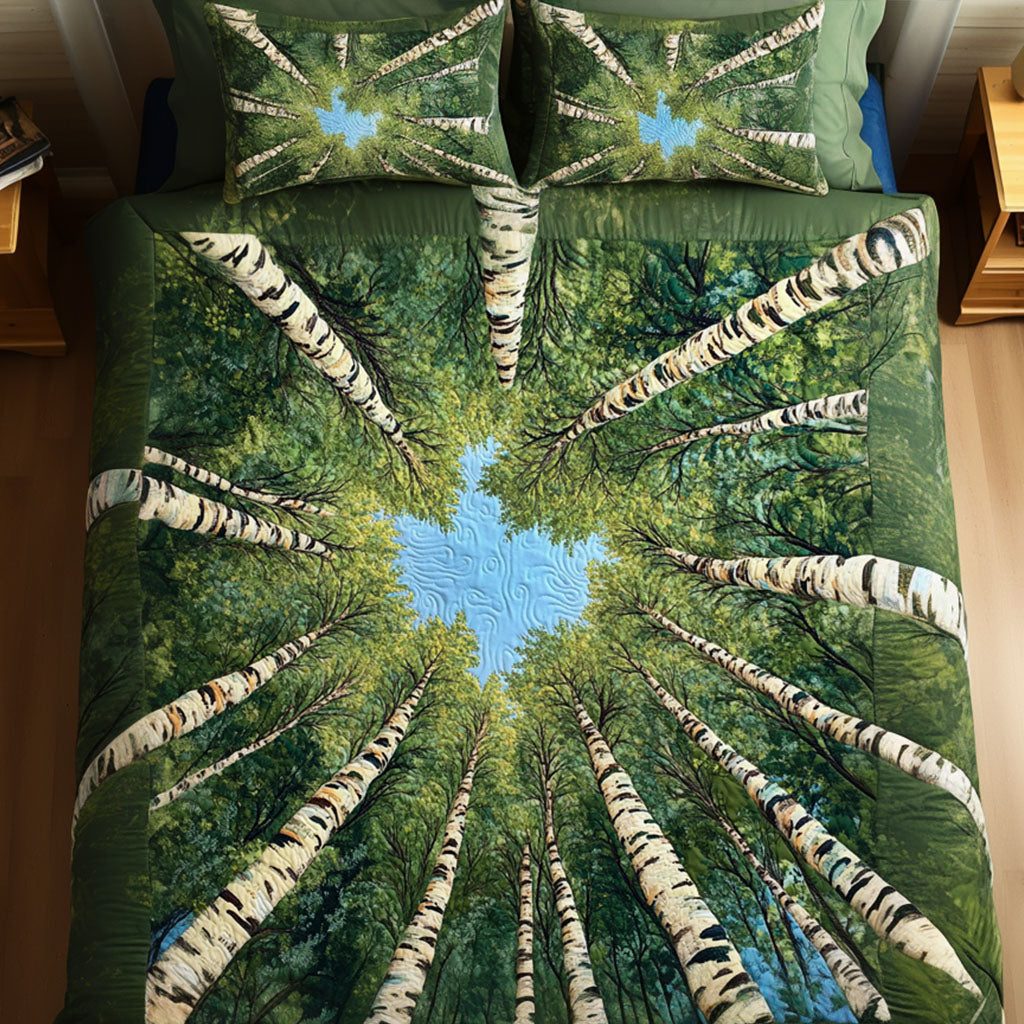 Into the Sky quilted 3-piece bedding set on a made bed with two matching pillow shams