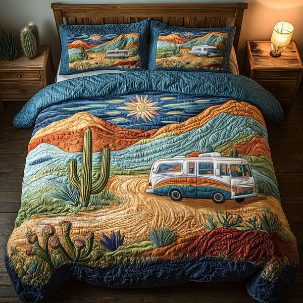 Into the Wild Desert quilted 3-piece bedding set on a made bed with two matching pillow shams