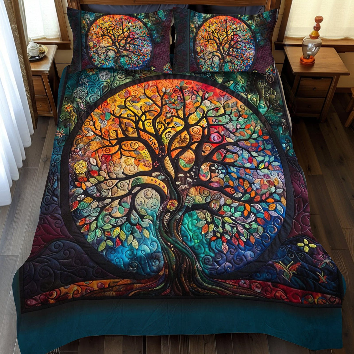 Intricate Celtic Tree of Life quilted 3-piece bedding set on a made bed with two matching pillow shams