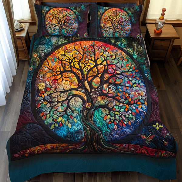 Intricate Celtic Tree of Life quilted 3-piece bedding set on a made bed with two matching pillow shams